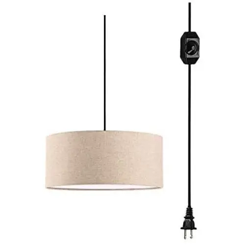 ANYE 15ft Plug-in UL On/Off Dimmer Switch Cord 1-Light Woven Beige Linen Drum Shade Cafe Lights for Dining Room Cafe Restaurant Bulbs Not Included　TB0944-4.5M