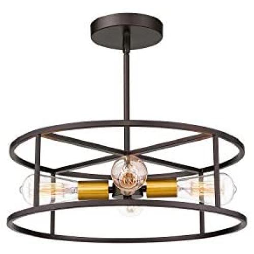 Harriet Vintage Semi Flush Mount Ceiling Light Fixture, Drum Shade Hanging Pendant Lighting with Antique Brass Accents, Oil Rubbed Bronze and Brass Finish 4-Light, HPCL01ORB