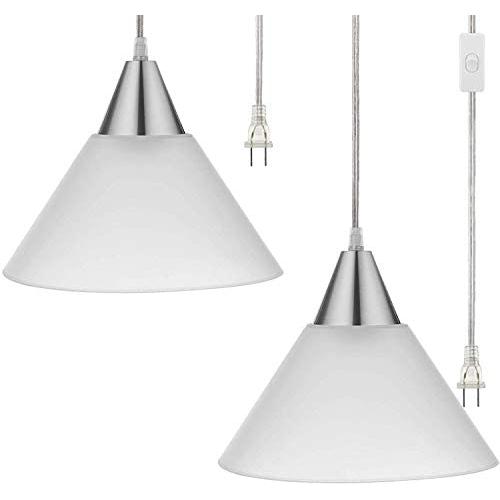 DEWENWILS Plug in Pendant Light, Hanging Light with 15ft Clear Cord, On/Off Switch, Frosted Plastic White Shade, Hanging Ceiling Light for Living Room, Bedroom, Dining Hall, Pack of 2