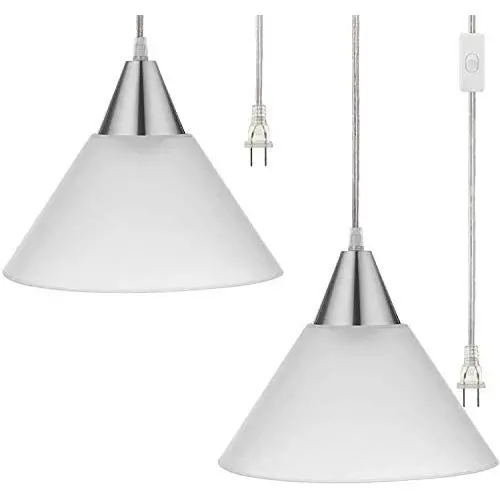 DEWENWILS Plug in Pendant Light, Hanging Light with 15ft Clear Cord, On/Off Switch, Frosted Plastic White Shade, Hanging Ceiling Light for Living Room, Bedroom, Dining Hall, Pack of 2