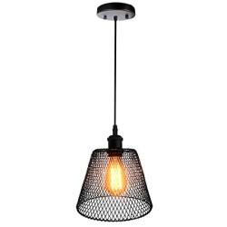 Vintage Metal Cage Pendant Light Black Farmhouse Hanging Light with Chicken Wire Shade, 8.27'' Adjustable Hanging Pendant Light for Kitchen Barn Foyer Entryway