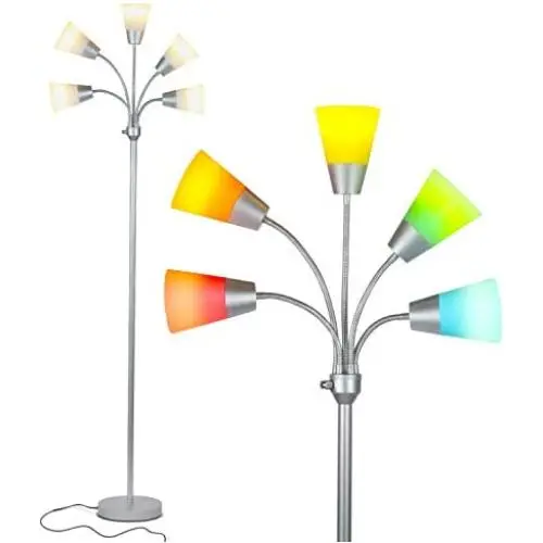 Brightech Medusa Modern LED Floor Lamp – Contemporary Multi Head Standing Reading Lamp for Living Room, Bedroom, Kids Room - Includes 5 LED Bulbs and 5 White & Colored Interchangeable Shades – Silver