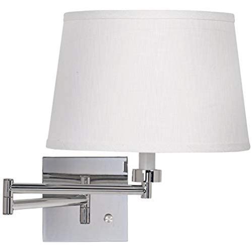 Modern Swing Arm Wall Lamp Chrome Plug-in Light Fixture White Linen Tapered Drum Shade for Bedroom Bedside Living Room Reading - Possini Euro Design