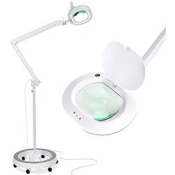 Brightech LightView Pro 6 Wheel Rolling Base Floor Lamp with XL Magnifier - Magnifying Glass with Bright LED Light for Facials, Lash Extensions - Standing Mag Lamp for Reading, Crafts & Pro Tasks