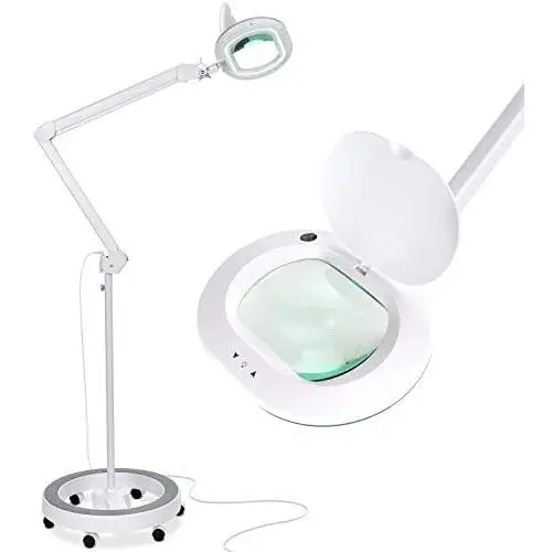 Brightech LightView Pro 6 Wheel Rolling Base Floor Lamp with XL Magnifier - Magnifying Glass with Bright LED Light for Facials, Lash Extensions - Standing Mag Lamp for Reading, Crafts & Pro Tasks