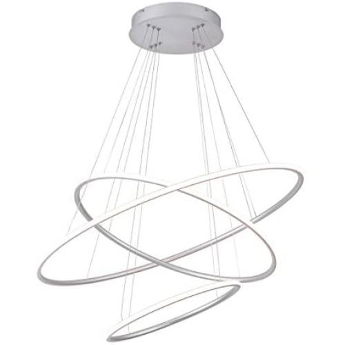 Royal Pearl Modern 3-Rings LED Chandelier Dimmable Contemporary LED Pendant Light for Dinning Room, Living Room, 93W 6510LM Warm White 3000K, Silver