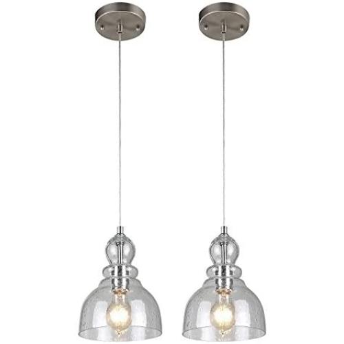 Westinghouse 6100700 Industrial One-Light Adjustable Mini Pendant with Handblown Clear Seeded Glass, Brushed Nickel Finish-2 Pack, 2-Pack, 2 Count