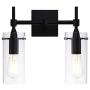 Effimero Black Bathroom Vanity 2 Light Fixture - Modern Over Mirror Lighting with Clear Glass Shades