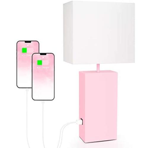 Bedside Touch Control Table Lamp with 2 USB Ports & AC Outlet, 3 Way Dimmable Nightstand Lamps, Pink Metal Base & White Fabric Shade, Modern Desk Light for Bedroom Living Room, 2700K Bulb Included
