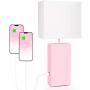 Bedside Touch Control Table Lamp with 2 USB Ports & AC Outlet, 3 Way Dimmable Nightstand Lamps, Pink Metal Base & White Fabric Shade, Modern Desk Light for Bedroom Living Room, 2700K Bulb Included