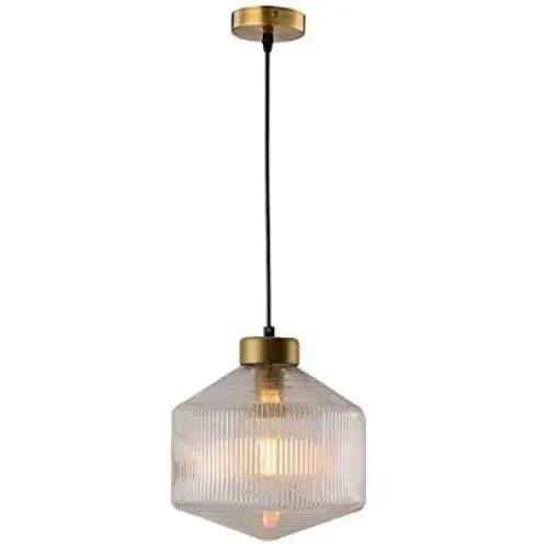 CraftThink Pendant Lighting Chandelier Fixture Nordic Drum Amber Ribbed Glass in Brass 1 Light Ceiling Suspension Lamp LED Hanging Lamp for Coffee Dining Living Room Bedroom Restaurant Hotel-Clear