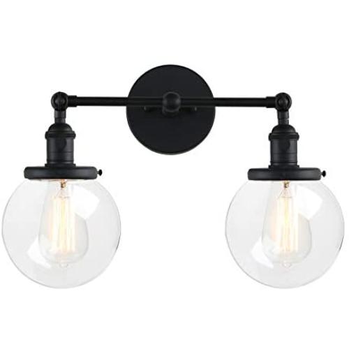 Pathson Vintage 2-Light Wall Sconce with Globe Glass, Black Vanity Light Fixtures, Industrial Wall Lamp Lighting for Bathroom Living Room