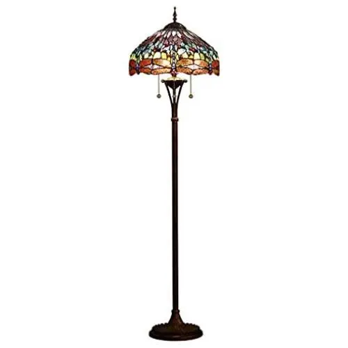 Tiffany Style Standing Floor Lamp, Dragonfly Crystal Beads Stained Glass Shade Reading Lamp, Bedroom Living Room Sofa Pull Cord Switch Floor Lamp