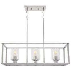 VINLUZ 3 Light Kitchen Island Pendant Lighting in Chrome Finish with Clear Glass Shade Linear Iron Ceiling Ligh Fixture Adjustable Hanging