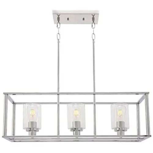 VINLUZ 3 Light Kitchen Island Pendant Lighting in Chrome Finish with Clear Glass Shade Linear Iron Ceiling Ligh Fixture Adjustable Hanging