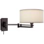 Aluno Modern Swing Arm Wall Lamp Bronze Plug-in Light Fixture Ivory Cotton Blend Drum Shade for Bedroom Bedside Living Room Reading - Possini Euro Design