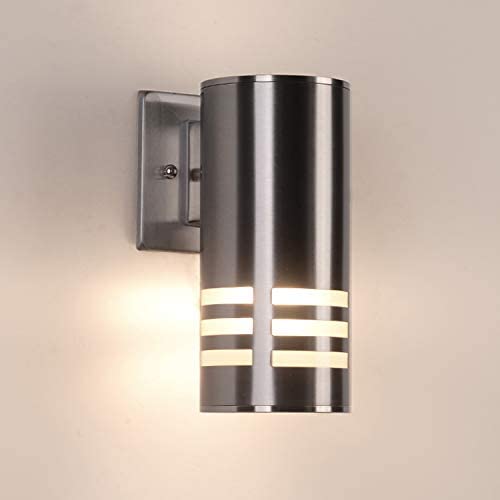 Outdoor Wall Sconce,Cylinder Wall Light with Stainless Steel 304 and Toughened Glass,Waterproof Up Down Light for Garden Patio Bedroom Living Room (Silver, 8.7'' Height,No Bulbs )