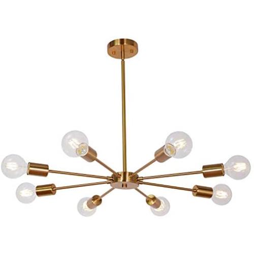 MELUCEE Sputnik Chandelier Brass 8 Lights, Semi Flush Mount Ceiling Light Mid Century Modern Pendant Light for Foyer Dining Room Bedroom Restaurant