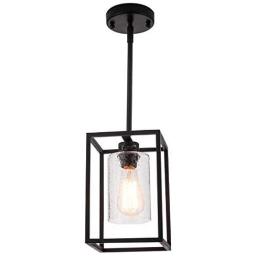 VILUXY Vintage Glass Pendant Light, Single Light Metal Cage Hanging Pendant Lighting, Black with Clear Seeded Glass Shade Classic for Farmhouse, Entryway, Dining Room, Kitchen Island, Foyer