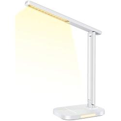 LITOM LED Desk Lamp, Eye-Caring Office Table Lamps with Night Light, 10 Brightness, 5 Color Temperature, USB Charging Port, 1H Timer, Touch Control, Memory Function for Reading, Work, Study (White)