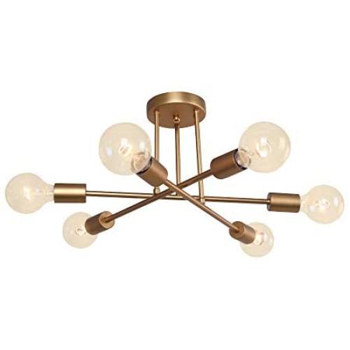 Chandelier Lights Semi Flush Mount Ceiling Modern Sputnik Lighting Farmhouse Kitchen Fixtures for Dining Room Living Bedroom Foyer,6 Light Gold Copper