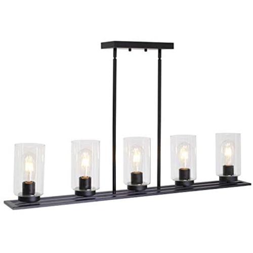 Lucidce Modern Farmhouse Chandelier Pendant Lighting for Kitchen Island Black 5 Lights Clear Glass Shades Linear Dining Room Lighting Fixtures Hanging