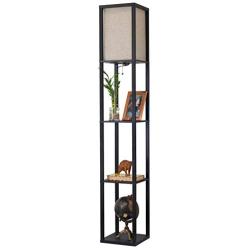 Kira Home Toro 63'' Modern Wood Floor Lamp with Shelves & Honey Beige Shade, 23W Energy Efficient CFL Bulb (100W Equivalent), Black Finish