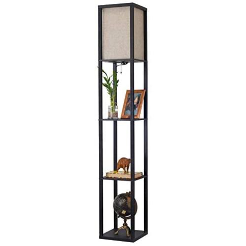 Kira Home Toro 63'' Modern Wood Floor Lamp with Shelves & Honey Beige Shade, 23W Energy Efficient CFL Bulb (100W Equivalent), Black Finish