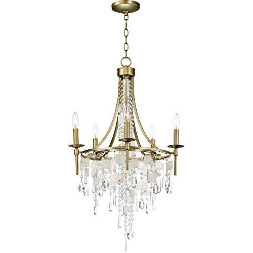 Maxim 14425CZGS Cebu Crystal and Shell Candle Chandelier for Bedroom and Small Dining Room, 5-Light 300 Total Watts, 34''H x 21''W, Capiz/Gold Silver