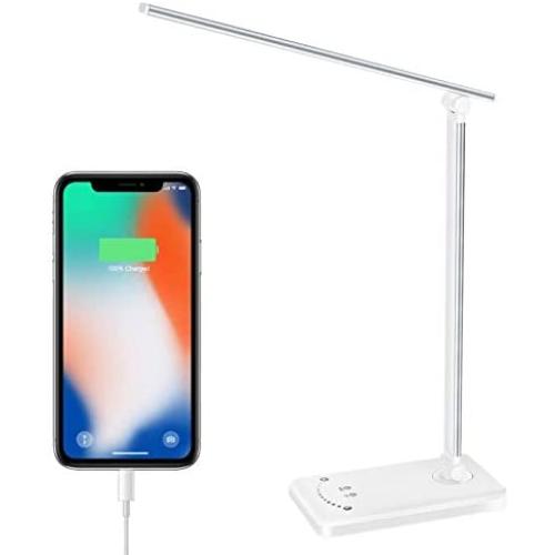 LED Desk Lamp with USB Charging Port, Dimmable Office Desk Lamp 5 Lighting Modes with 10 Brightness Levels, Battery Operated Lamp Touch Control, Auto Timer, Memory Function for Working, Reading