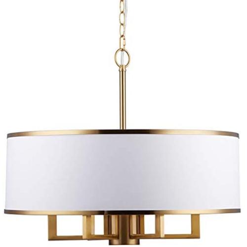 Loclgpm Modern Brass Gold Finish Drum Chandelier, 6 Lights Metal Pendant Light Fixture with White Round Plastic Shade, Ceiling Lighting for Bedroom, Kitchen Island, Hallway, Dining Room Over Table