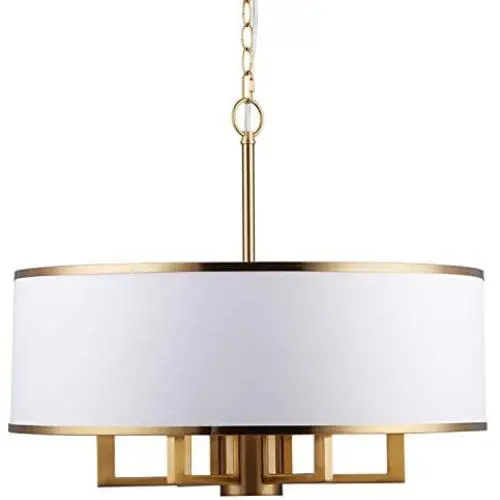 Loclgpm Modern Brass Gold Finish Drum Chandelier, 6 Lights Metal Pendant Light Fixture with White Round Plastic Shade, Ceiling Lighting for Bedroom, Kitchen Island, Hallway, Dining Room Over Table