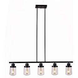 YAOHONG 5-Light Dining Room Lighting Kitchen Island Fixtures Hanging Modern Chandeliers in Black, Linear Pendant Lights Farmhouse Flush Mount Ceiling Light with Glass Shade