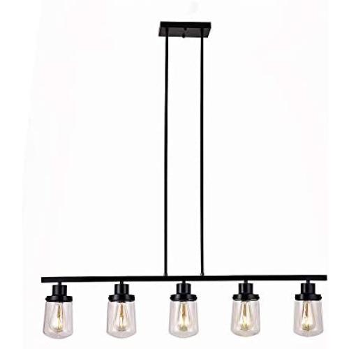 YAOHONG 5-Light Dining Room Lighting Kitchen Island Fixtures Hanging Modern Chandeliers in Black, Linear Pendant Lights Farmhouse Flush Mount Ceiling Light with Glass Shade