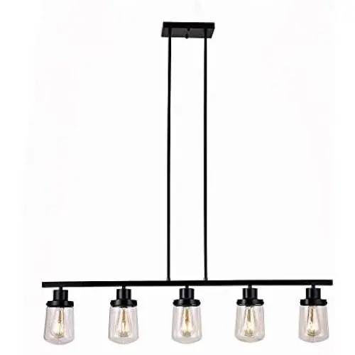 YAOHONG 5-Light Dining Room Lighting Kitchen Island Fixtures Hanging Modern Chandeliers in Black, Linear Pendant Lights Farmhouse Flush Mount Ceiling Light with Glass Shade