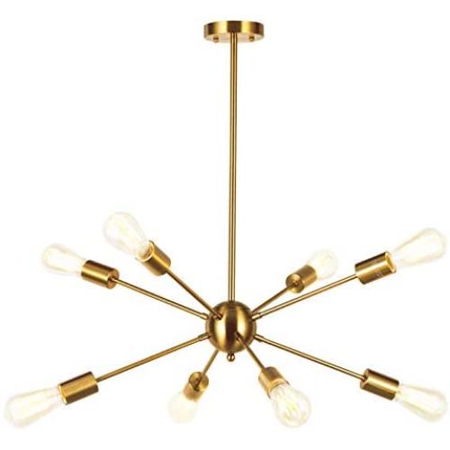 VINLUZ Sputnik Chandelier Contemporary 8 Lights Brushed Brass Modern Pendant lighting Gold Mid Century Ceiling Light Fixture for Dining Room Bed Room Kitchen Room UL Listed