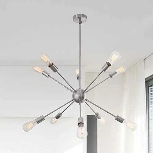 10 Lights Sputnik Chandelier Brushed Nickel Pendant Lighting Modern Vintage Ceiling Lamp Mid Century Hanging Lamps for Dining Room Kitchen Island Bedroom