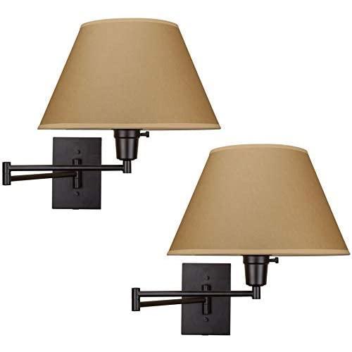 Kira Home Cambridge 13'' Swing Arm Wall Lamp - Plug in/Wall Mount, Opaque Paper Shade, 150W 3-Way + Cord Covers, Black Finish, 2-Pack