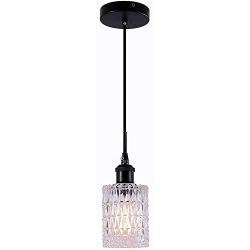 TLOLGT Industrial Indoor Hanging Pendant Lighting ,Black Pendant Light with Decorative Pattern Glass Shade for Restaurant, Living Room, Bedroom