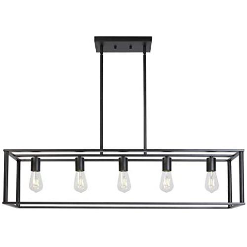 VINLUZ Farmhouse Chandeliers 5-Light Black Dining Room Lighting Linear Contemporary Metal Pendant Light Large Industrial Rustic Hanging Ceiling Light Fixtures for Kitchen Island Foyer Bar