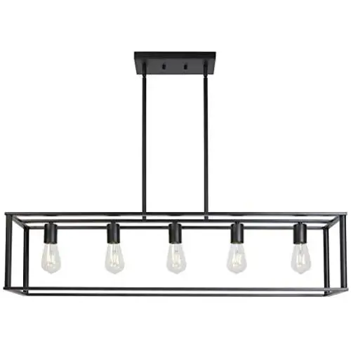 VINLUZ Farmhouse Chandeliers 5-Light Black Dining Room Lighting Linear Contemporary Metal Pendant Light Large Industrial Rustic Hanging Ceiling Light Fixtures for Kitchen Island Foyer Bar