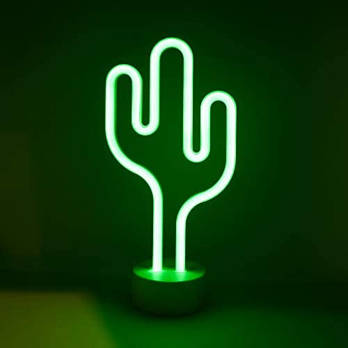 Isaac Jacobs 11.5” x 5.75” LED Neon Green Cactus Table Lamp, White Base, Night Light, for Nightstand, Bedroom Décor & Party; Battery Powered (Batteries Not Included) (Green Cactus)