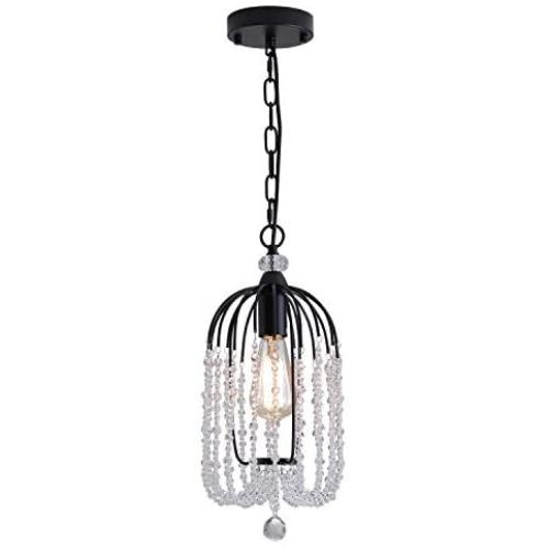 Industrial Crystal Pendant Light with Crystal Glass Beaded Cage, One-Light Adjustable Chain Rustic Pendant Lighting Fixture for Kitchen Island Dining Room Entryway Farmhouse, Black