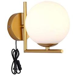 QJY Plug-in Wall Sconce, On/Off Button Switch 47.3'' Cord, Milky White Glass Shade（E27 Base） for Bedroom Bedside Living Room Reading (Color : Gold)