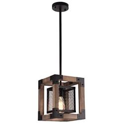 PUMING Wooden Pendant Lighting Vintage Cag Hanging Light Fixture with Iron net for Kitchen Living Room Hallway