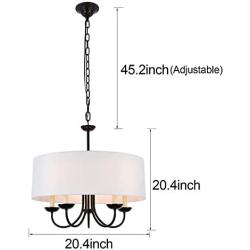 A1A9 Modern 5-Light Drum Pendant Light Fixture, 21 White Fabric Shade, Simple Chain Hanging Ceiling Lights, Black Chandelier Fitting for Entryway, Hallway, Dining Room and Foyer