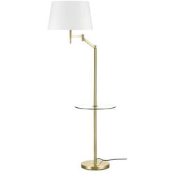 Light Society Lisona Tray Table Floor Lamp, Glass Shelf, Linen Shade with Brass Finish, Mid Century Modern Floor Lamp, Brass/White