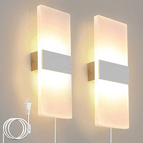 Bjour Modern Wall Sconce Plug In Wall Lights LED Acrylic Wall Mounted Lamp 12W Warm White for Bedroom Living Room, 2 Packs