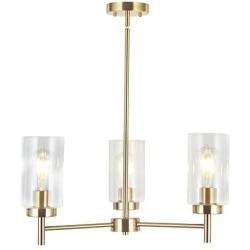 VINLUZ 3 Lights Modern Chandeliers Metal Light Fixtures Ceiling Brushed Brass Industrial Pendant Lighting for Dinging Room Living Room Kitchen Bedroom Hallway