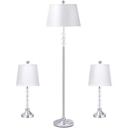 Tangkula Lamp Set 3-Piece Modern Home Living Room Bedroom Chrome Finish Lamps, Floor Lamp and Table Lamps Set with Soft Pleated White Fabric Shades (Chrome)